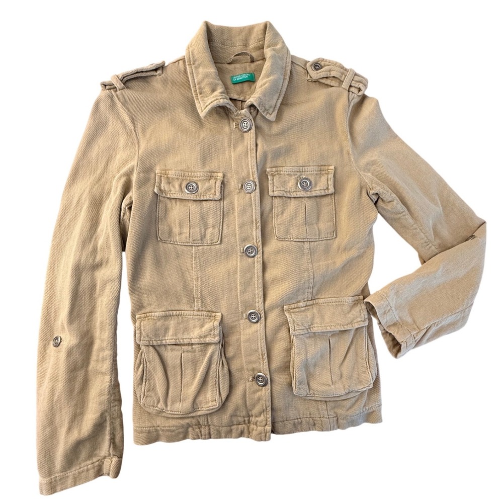 United Colors of Benetton Tan Khaki Military Field Utility Jacket Epaulettes‎ M